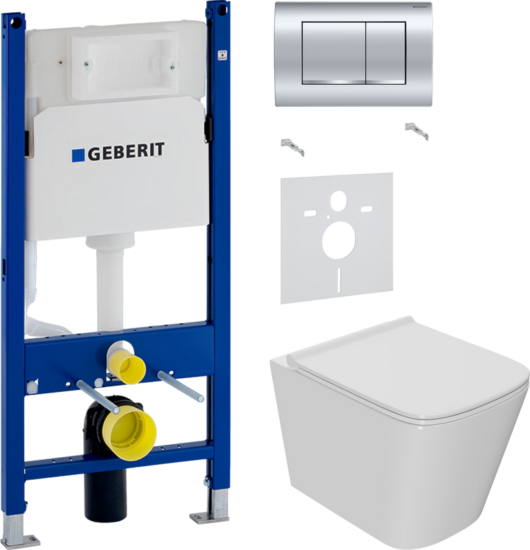 Комплект Унитаз подвесной Bauedge Bau Stil PRO безободковый, с микролифтом, белый + Звукоизоляция Geberit + Инсталляция Duofix Delta 458.163.21.1 с кнопкой смыва, хром