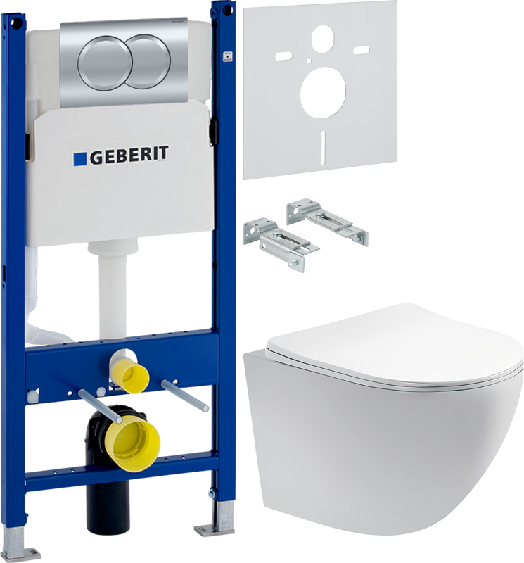 Комплект Унитаз подвесной AQUATEK Европа AQ1900-00 безободковый + Инсталляция Geberit Duofix Delta 458.149.21.1 с кнопкой смыва, хром + Звукоизоляция