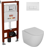 Комплект Унитаз подвесной Bauedge Bau Dream безободковый, с микролифтом + Инсталляция Bau Pro + Кнопка Hotel, белый глянец