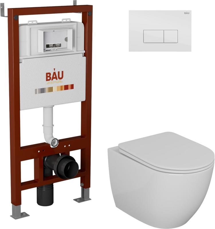 Комплект Унитаз подвесной Bauedge Bau Dream безободковый, с микролифтом + Инсталляция Bau Pro + Кнопка Hotel, белый глянец