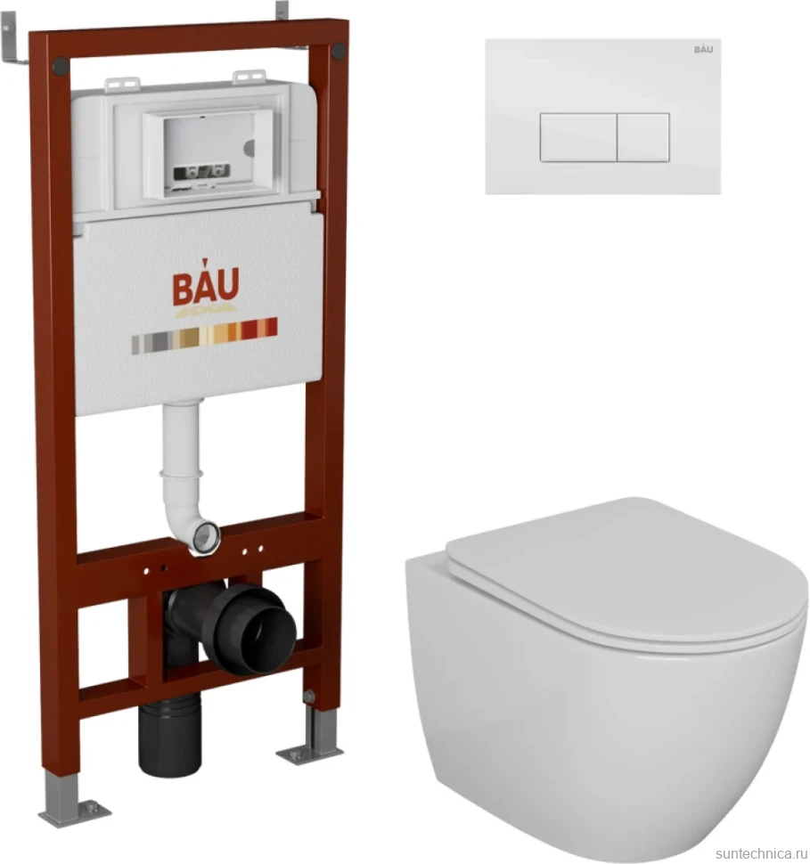 Комплект Унитаз подвесной Bauedge Bau Dream безободковый, с микролифтом + Инсталляция Bau Pro + Кнопка Hotel, белый глянец