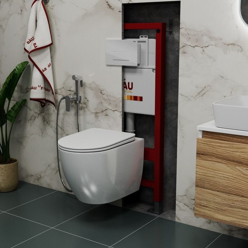 Комплект Унитаз подвесной Bauedge Bau Dream безободковый, с микролифтом + Инсталляция Bau Pro + Кнопка Hotel, белый глянец