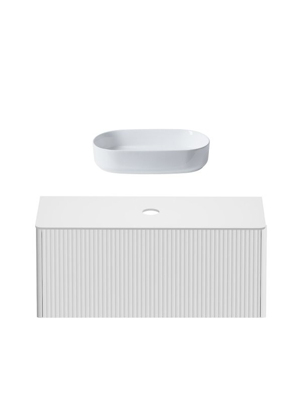 Тумба с раковиной Allen Brau Gravity 120 1 ящик, с фрезеровкой, матовый белый, столешница белая, раковина Fantasy Oval 55, белая