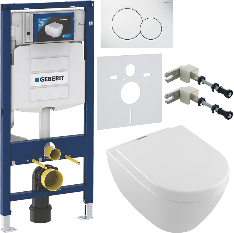 Комплект Унитаз подвесной Villeroy & Boch Subway 2.0 + Крышка 9M68 S101 с микролифтом, петли хром + Инсталляция Geberit Duofix UP 320 111.300.00.5 + Кнопка Sigma 01 115.770.11.5 белая + Крепления 111.815.00.1 к стене + Звукоизоляция