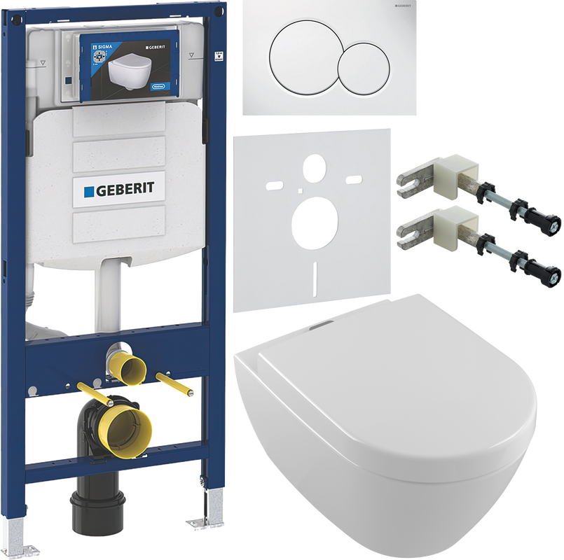 Комплект Унитаз подвесной Villeroy & Boch Subway 2.0 + Крышка 9M68 S101 с микролифтом, петли хром + Инсталляция Geberit Duofix UP 320 111.300.00.5 + Кнопка Sigma 01 115.770.11.5 белая + Крепления 111.815.00.1 к стене + Звукоизоляция