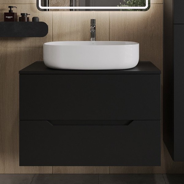Тумба с раковиной Orange Line 80 подвесная, 2 ящика, матовая черная с раковиной B08-600W