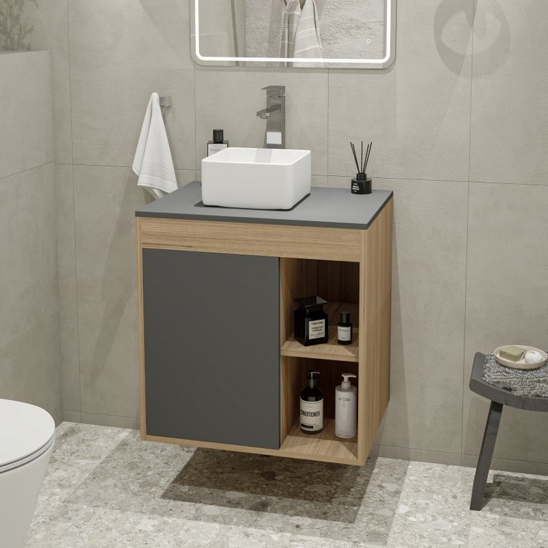 Тумба с раковиной Teymi Nura 60 дуб эврика, матовый графит, раковина Helmi Mini 24