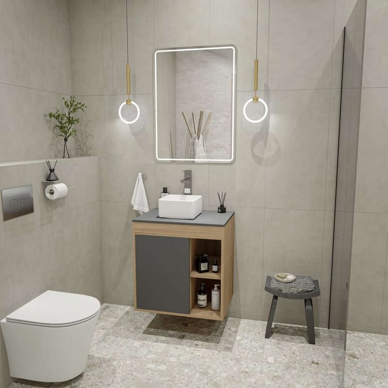 Тумба с раковиной Teymi Nura 60 дуб эврика, матовый графит, раковина Helmi Mini 24