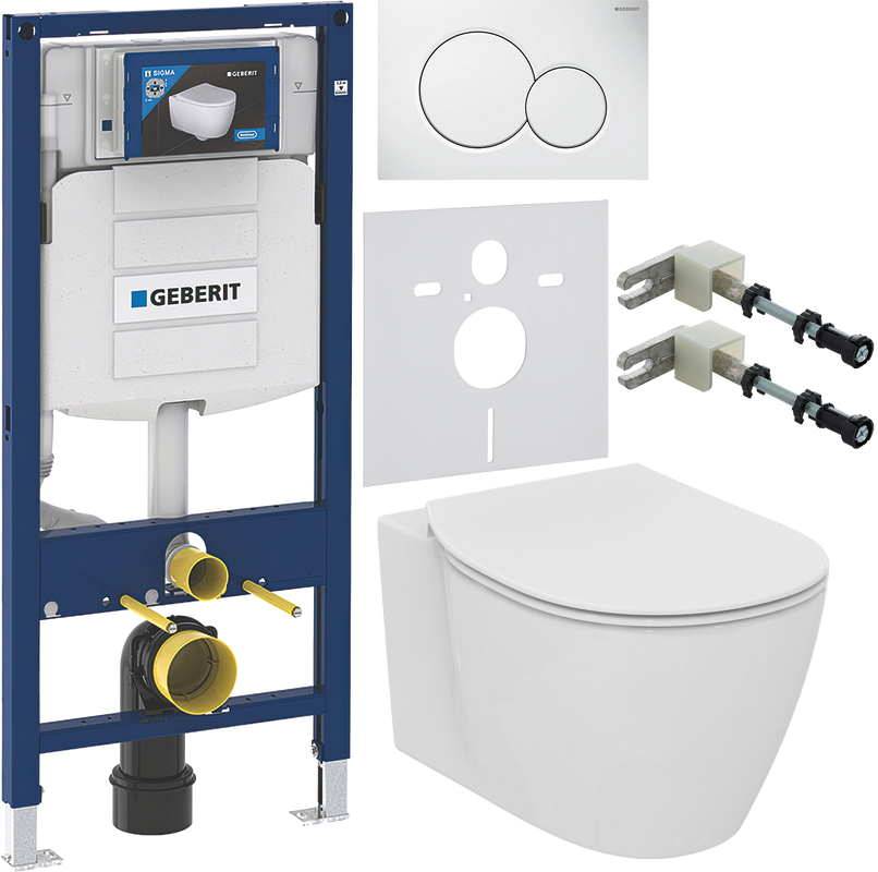 Комплект Унитаз подвесной Ideal Standard Connect AquaBlade E047901 + Крышка E772401 с микролифтом + Инсталляция Geberit Duofix UP 320 111.300.00.5 + Кнопка Sigma 01 115.770.11.5 белая + Крепления 111.815.00.1 к стене + Звукоизоляция