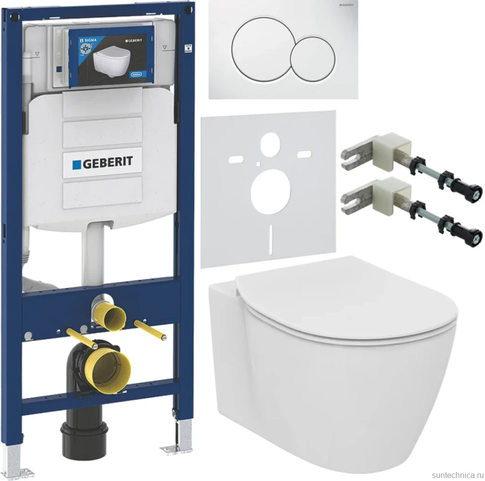 Комплект Унитаз подвесной Ideal Standard Connect AquaBlade E047901 + Крышка E772401 с микролифтом + Инсталляция Geberit Duofix UP 320 111.300.00.5 + Кнопка Sigma 01 115.770.11.5 белая + Крепления 111.815.00.1 к стене + Звукоизоляция
