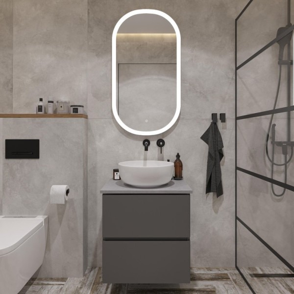 Мебель для ванной комнаты STWORKI Колдинг 60 антрацит, с раковиной Moduo 40 RING, столешница серая матовая