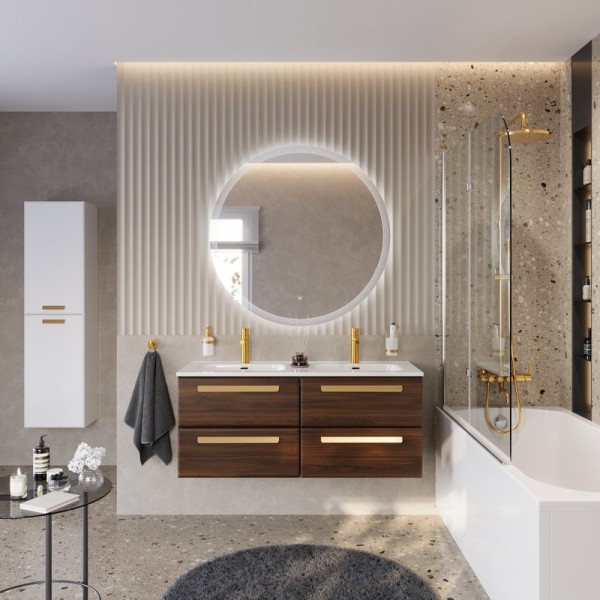 Мебель для ванной комнаты Cezares Eco Cer-N 120 4 ящика, орех шоколад софт, раковина Duet 120, двойная, ручки сатиновое золото