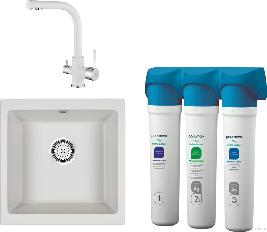 Комплект Мойка кухонная Paulmark Brilon PM104546-WH белый + Смеситель Essen Es213011-431 белый матовый + Фильтр Refine System