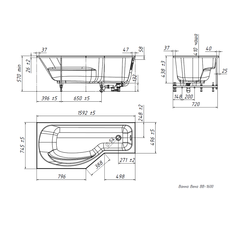 Ванна из искусственного камня Belux Вена 160x75 см, левая, встраиваемая, белая, асимметричная, на ножках