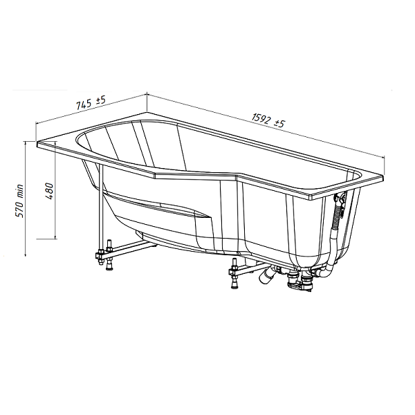 Ванна из искусственного камня Belux Вена 160x75 см, левая, встраиваемая, белая, асимметричная, на ножках