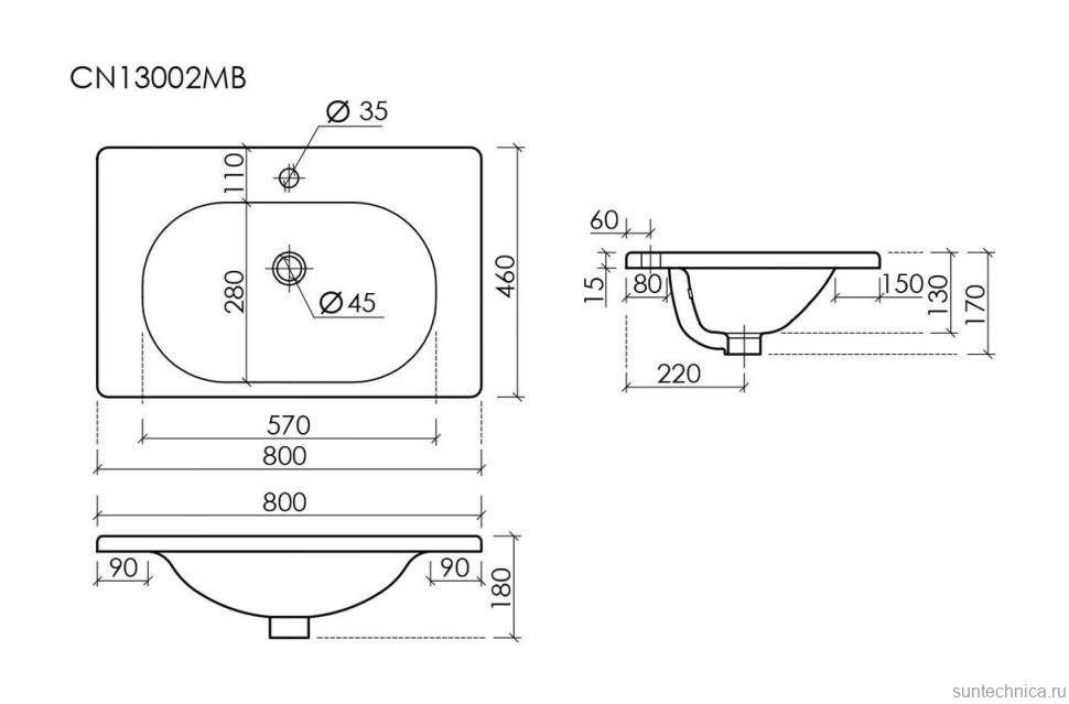 Мебельная раковина Ceramicanova Sabo CN13002MB 80 накладная, матовая черная, прямоугольная, фарфор