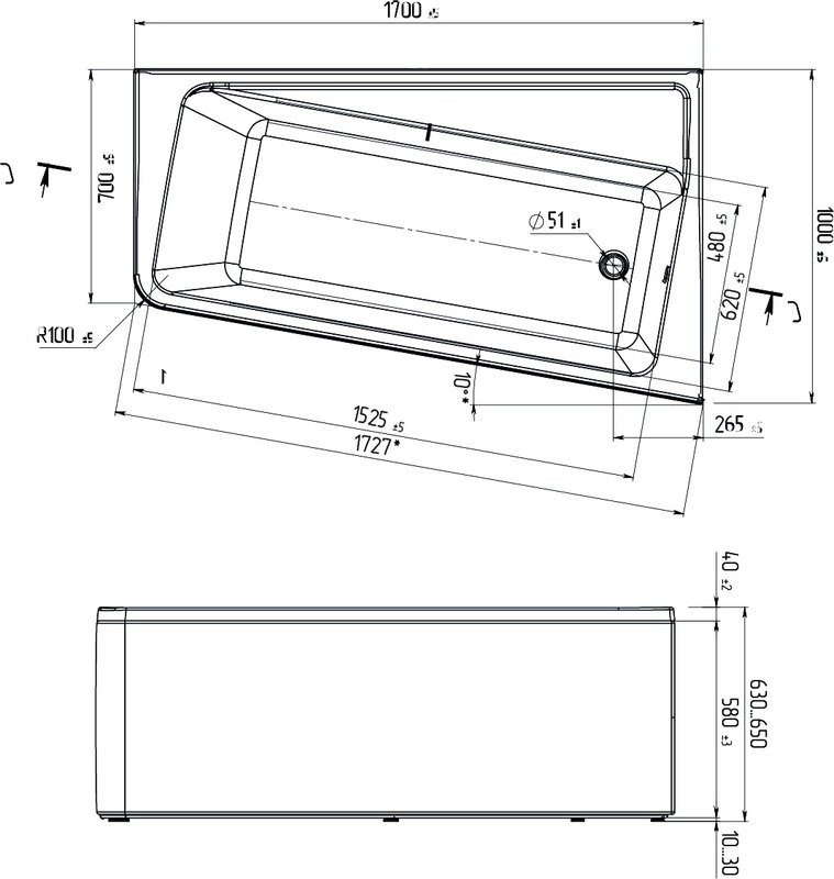 Акриловая ванна Marka One Direct R 170x100 см, правая, пристенная, белая, асимметричная, с каркасом