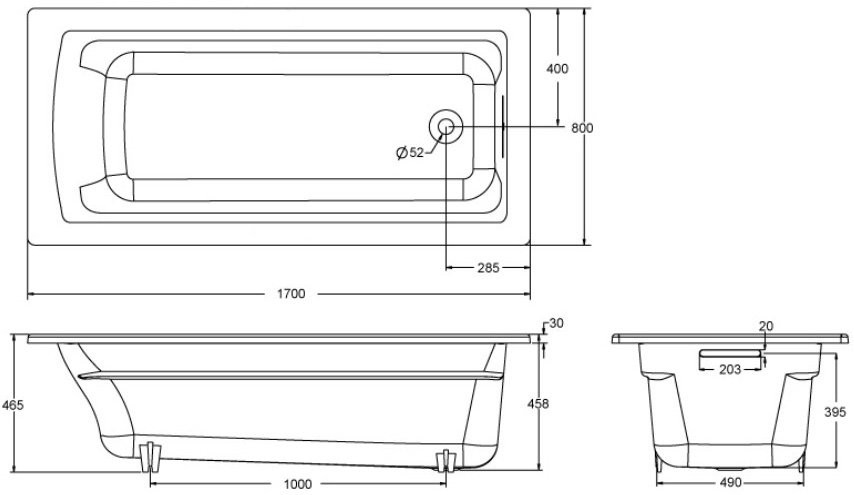 Чугунная ванна Jacob Delafon Archer 170x80 см, встраиваемая, белая, на ножках, со сливом-переливом, E4113-NF