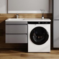 Тумба с раковиной Style Line Даллас Леон 120 L Люкс Plus подвесная, серая матовая, для стиральной машины