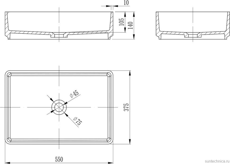 Накладная раковина Abber Stein AS2634 55 матовая белая, прямоугольная, искусственный камень