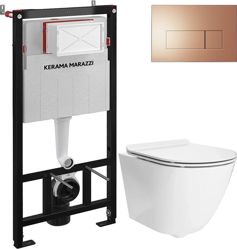 Комплект Унитаз подвесной KERAMA MARAZZI Sfera SF.wc.02 безободковый, с микролифтом, глянцевый белый + Инсталляция + Кнопка FPS.A.RGM розовое матовое золото