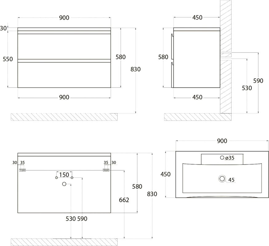 Тумба с раковиной Art&Max Bianchi 90, подвесная, серая матовая