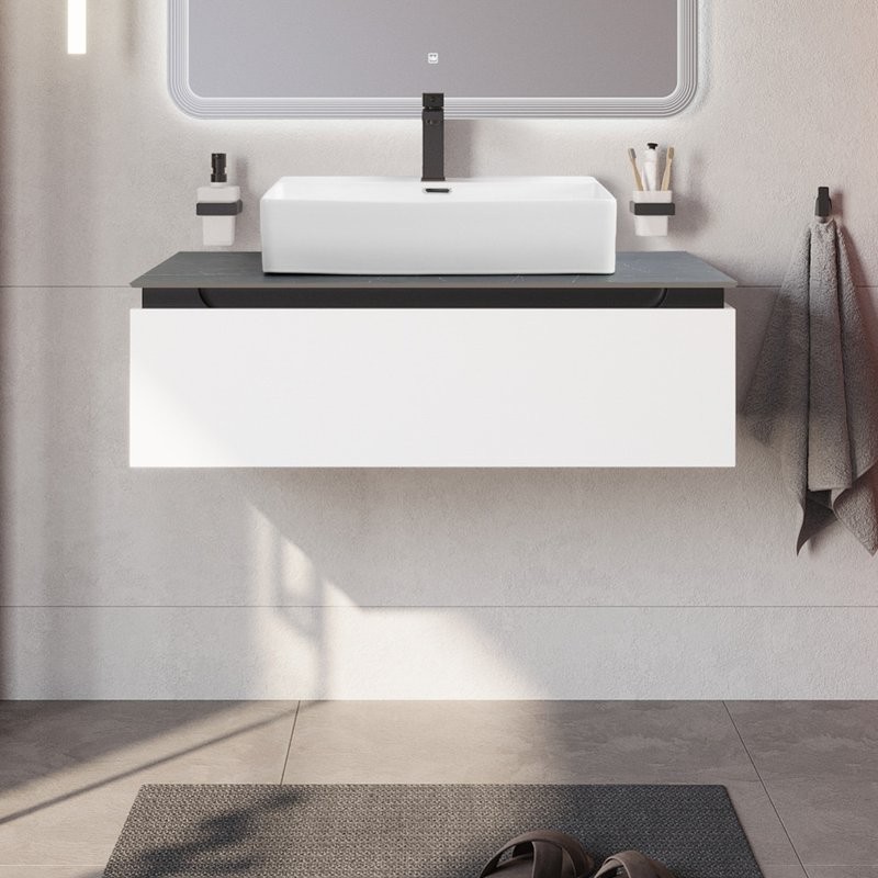 Тумба под раковину со столешницей Cezares Slider 100 подвесная, 1 ящик,  bianco opaco, столешница marmo nero opaco