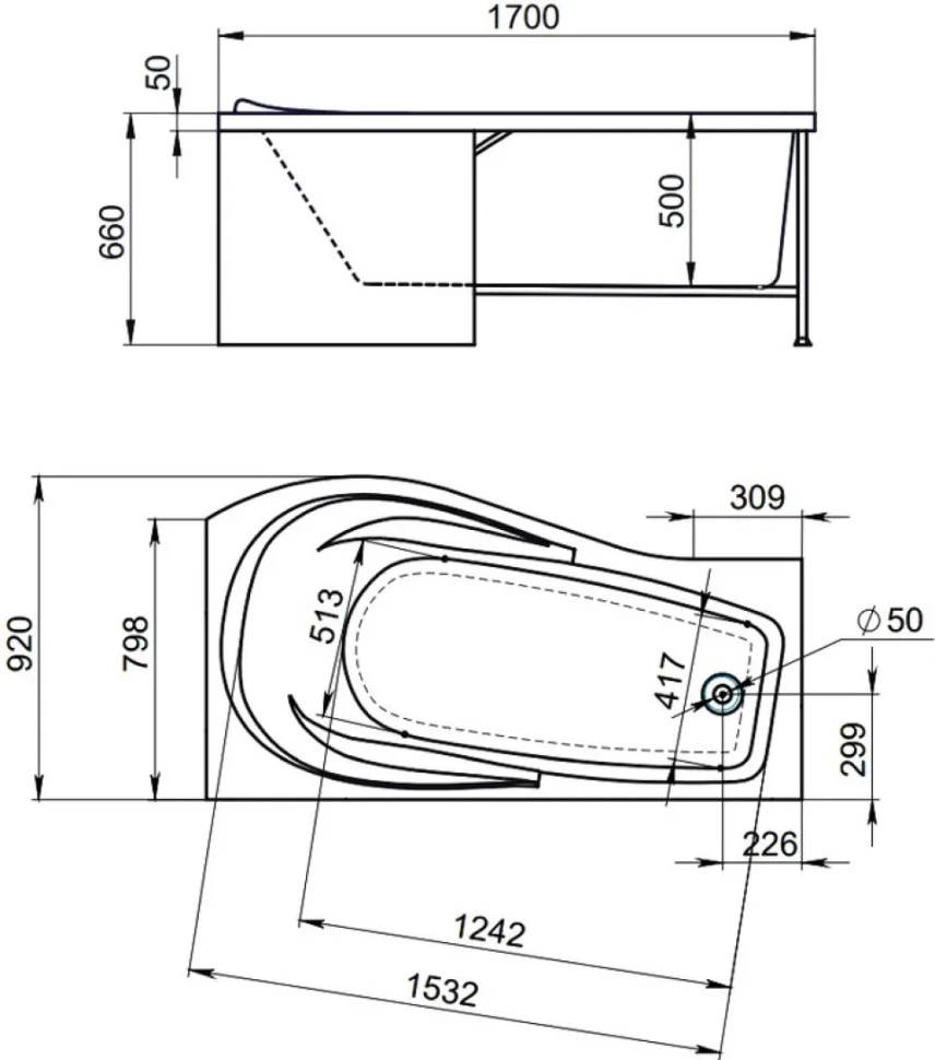 Акриловая ванна Alex Baitler Orta R 170x90 см, угловая, правая, встраиваемая, белая, асимметричная, с экраном