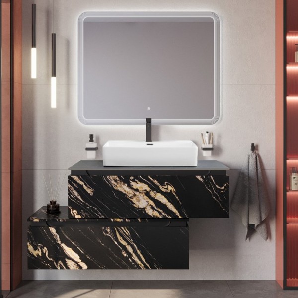 Мебель для ванной комнаты Cezares Slider 100 подвесная, 2 ящика, черный фьюжн, со столешницей marmo nero opaco