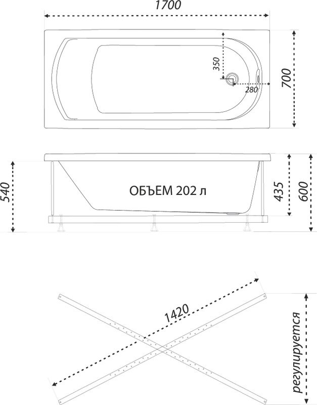 Акриловая ванна 1ACReal Дюна 170x70 см, пристенная, белая, с каркасом