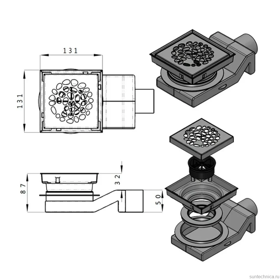 Душевой трап Plumberia Selection PS Stones PSS13NO 13x13, в пол, матовый черный, с сифоном