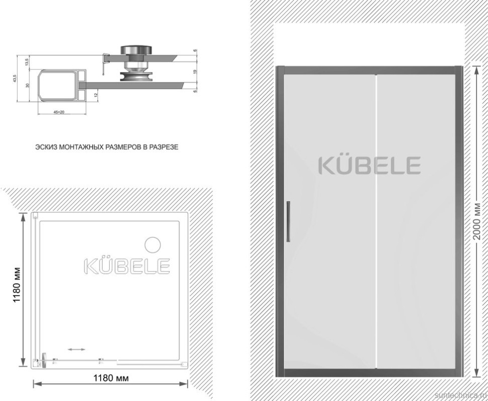 Душевой уголок Kubele DE019 S-CLN-BR 120х120 см, профиль бронза