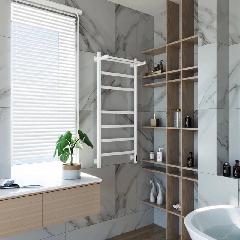 Полотенцесушитель электрический Grota Tela 530х1200 RAL9016 EL 120x55 см, подключение справа, слева, скрытое подключение справа, матовый белый, лесенка, из стали, с полкой