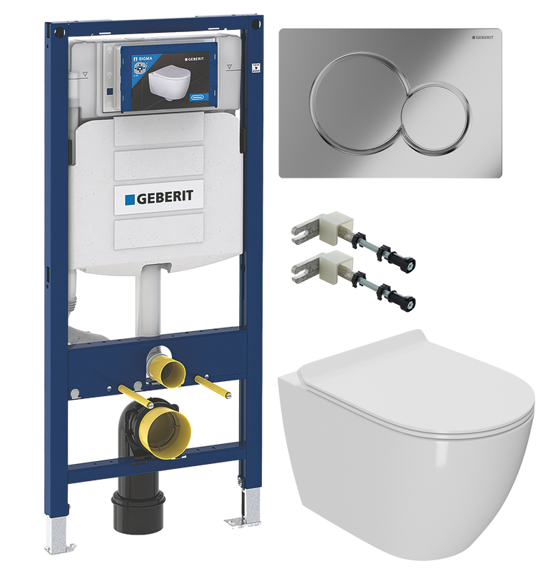 Комплект Унитаз подвесной Bauedge Bau Ceramics безободковый, с микролифтом, белый + Инсталляция Geberit Duofix UP 320 111.300.00.5 + Кнопка Sigma 01 115.770.21.5 хром + Крепления 111.815.00.1 к стене