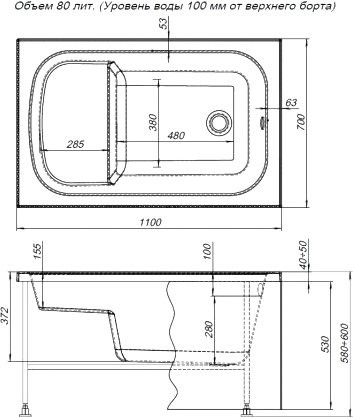 Акриловая ванна Aquanet Elba 00329640 110x70 см, пристенная, белая, с каркасом, для инвалидов, с сиденьем