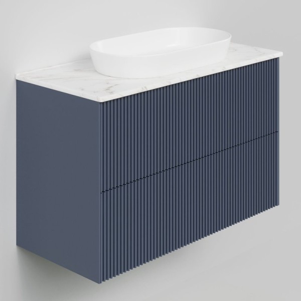 Тумба под раковину со столешницей La Fenice Terra Twin Blu Grigio 100 подвесная, синяя матовая, столешница белый мрамор