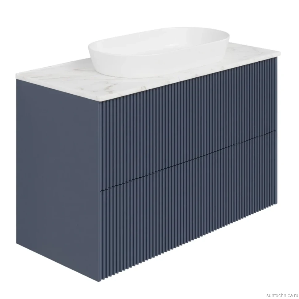 Тумба под раковину со столешницей La Fenice Terra Twin Blu Grigio 100 подвесная, синяя матовая, столешница белый мрамор
