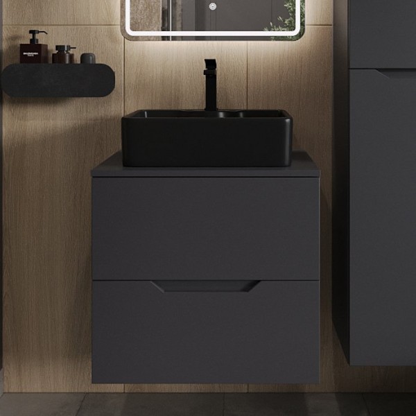 Тумба с раковиной Orange Line 60 подвесная, 2 ящика, матовый графит с раковиной B01-475mb