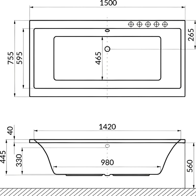 Акриловая ванна Excellent Pryzmat Ultra 150x75 см, встраиваемая, с гидромассажем, белая, с каркасом, со сливом-переливом, фурнитура золото
