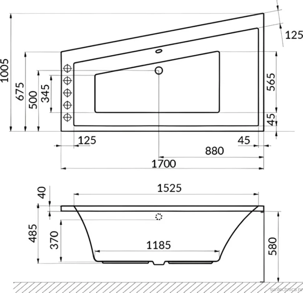 Акриловая ванна Excellent Sfera Line L 170x100 см, угловая, левая, встраиваемая, с гидромассажем, белая, асимметричная, с каркасом, со сливом-переливом, фурнитура бронза