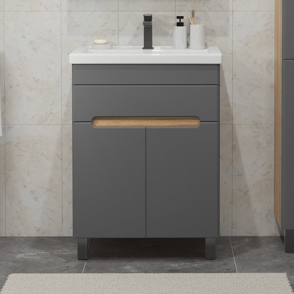 Тумба с раковиной SanStar Модена 60 напольная, графит софт, дуб вотан, раковина Фостер 60