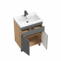Тумба с раковиной SanStar Модена 60 напольная, графит софт, дуб вотан, раковина Фостер 60