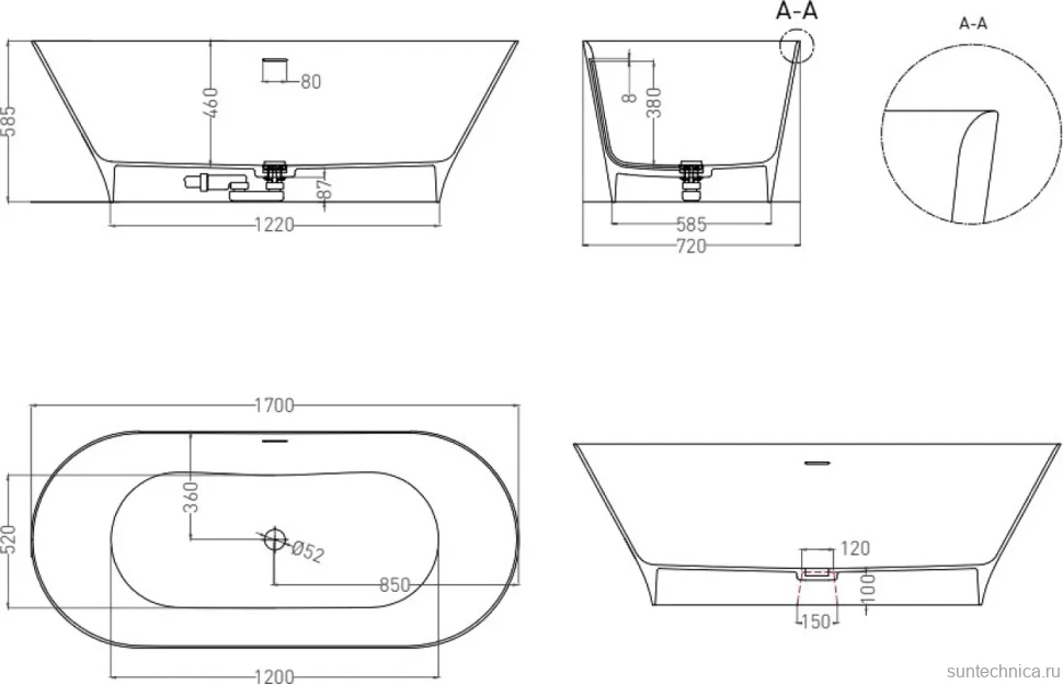 Ванна из искусственного камня Salini Mona S-Stone 170x70 см, отдельностоящая, матовая белая, овальная, с донным клапаном