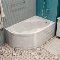 Акриловая ванна 1MarKa Diana R Премиум 160x100 см, угловая, правая, пристенная, белая, асимметричная, с каркасом, с экраном, с сиденьем, со сливом-переливом