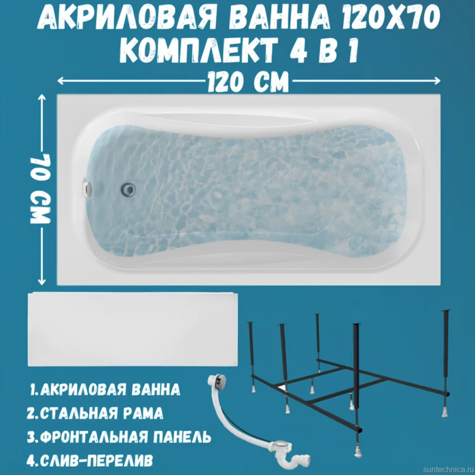 Акриловая ванна 1MarKa Classic А Премиум 120x70 см, пристенная, белая, с каркасом, с экраном, со сливом-переливом
