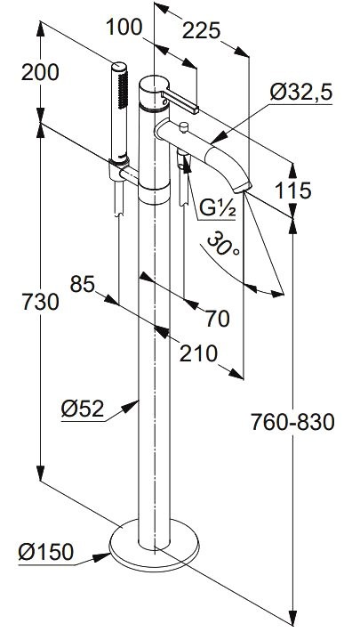Напольный смеситель для ванны с душем Kludi Nova Fonte 38590N215 оружейная сталь PVD