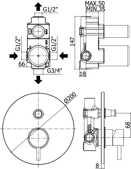 Встраиваемый смеситель для душа и ванны Paffoni Light LIG015HG С ВНУТРЕННЕЙ ЧАСТЬЮ, медовое золото