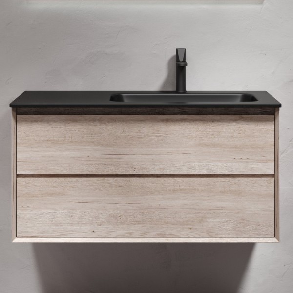 Тумба с раковиной Sancos Marmi 2.0 100 R черная раковина, дуб галифакс натуральный