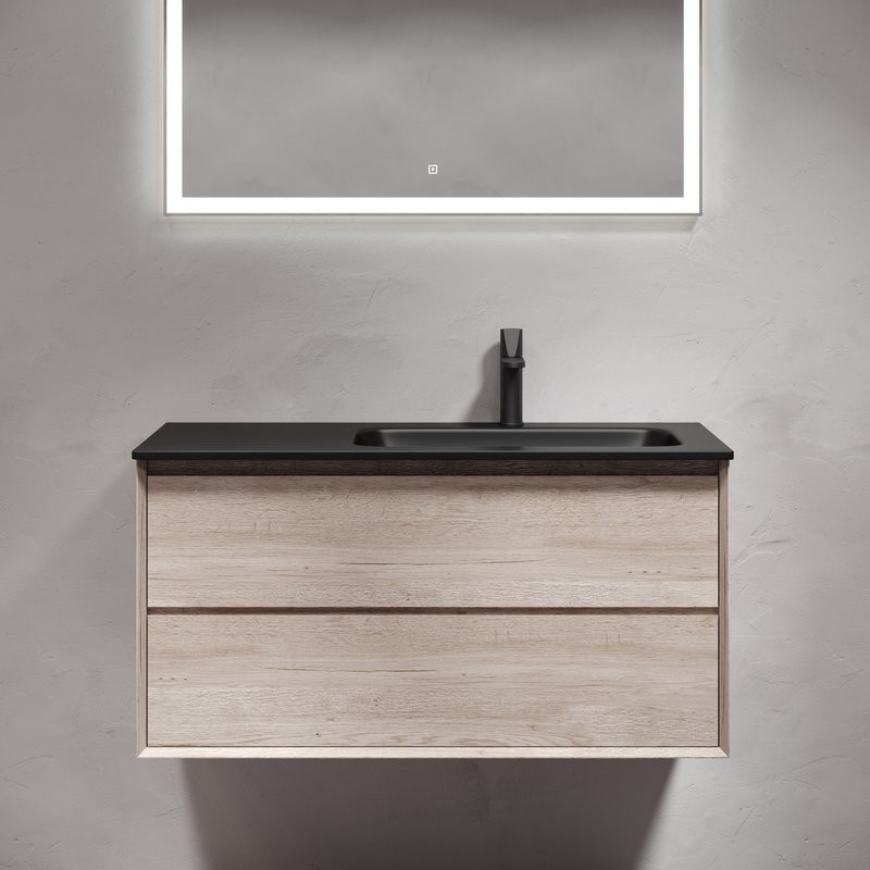 Тумба с раковиной Sancos Marmi 2.0 100 R черная раковина, дуб галифакс натуральный