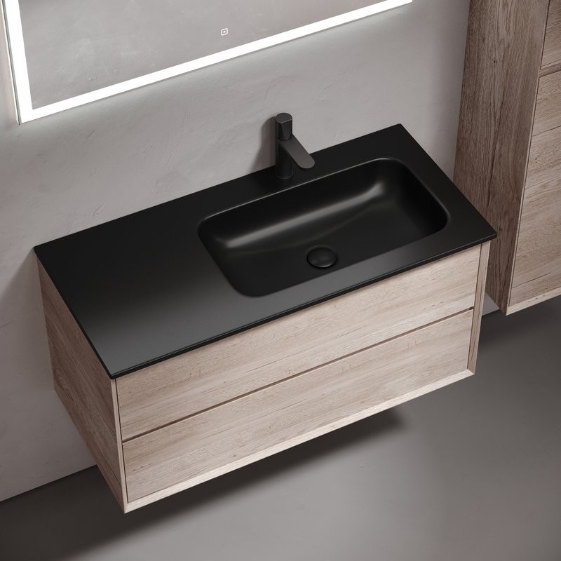 Тумба с раковиной Sancos Marmi 2.0 100 R черная раковина, дуб галифакс натуральный